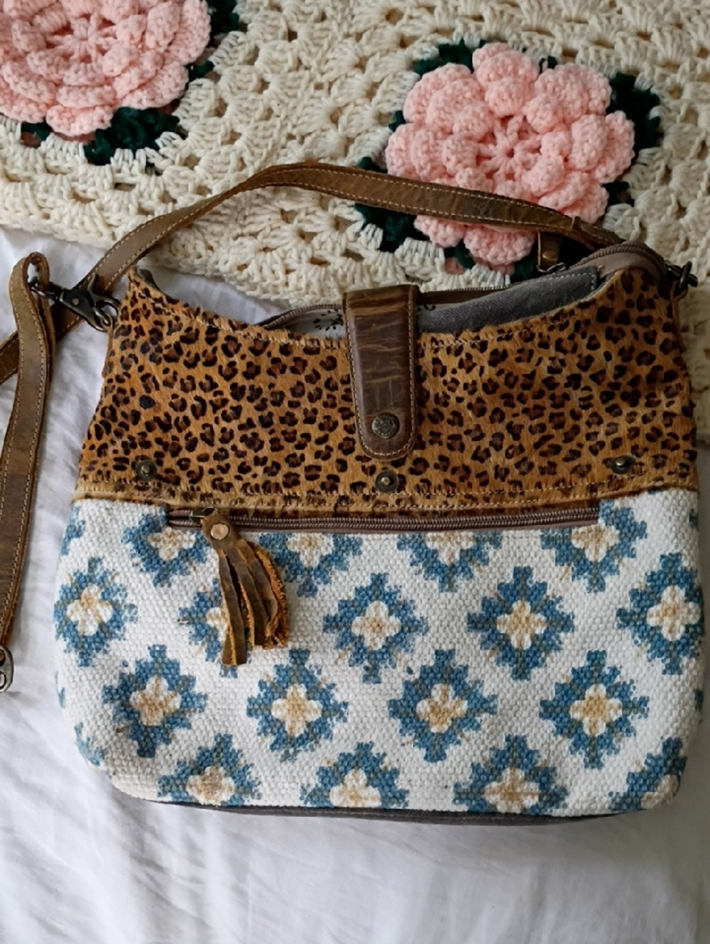 Boho Leopard & Blue Geo Crossbody Myra Bag with Tassel